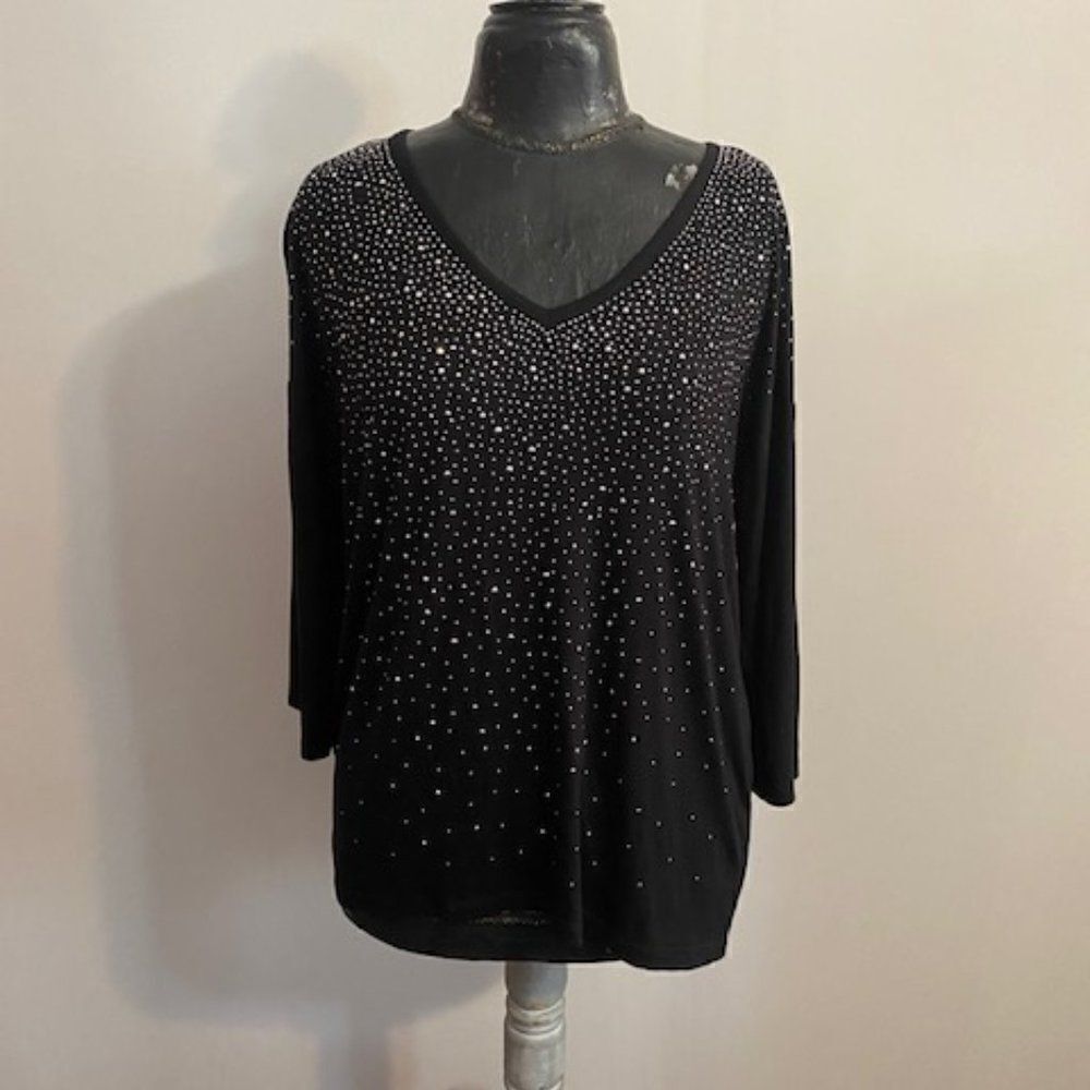 Design History Black embellished V-neck 3/4 sleeves top, size L